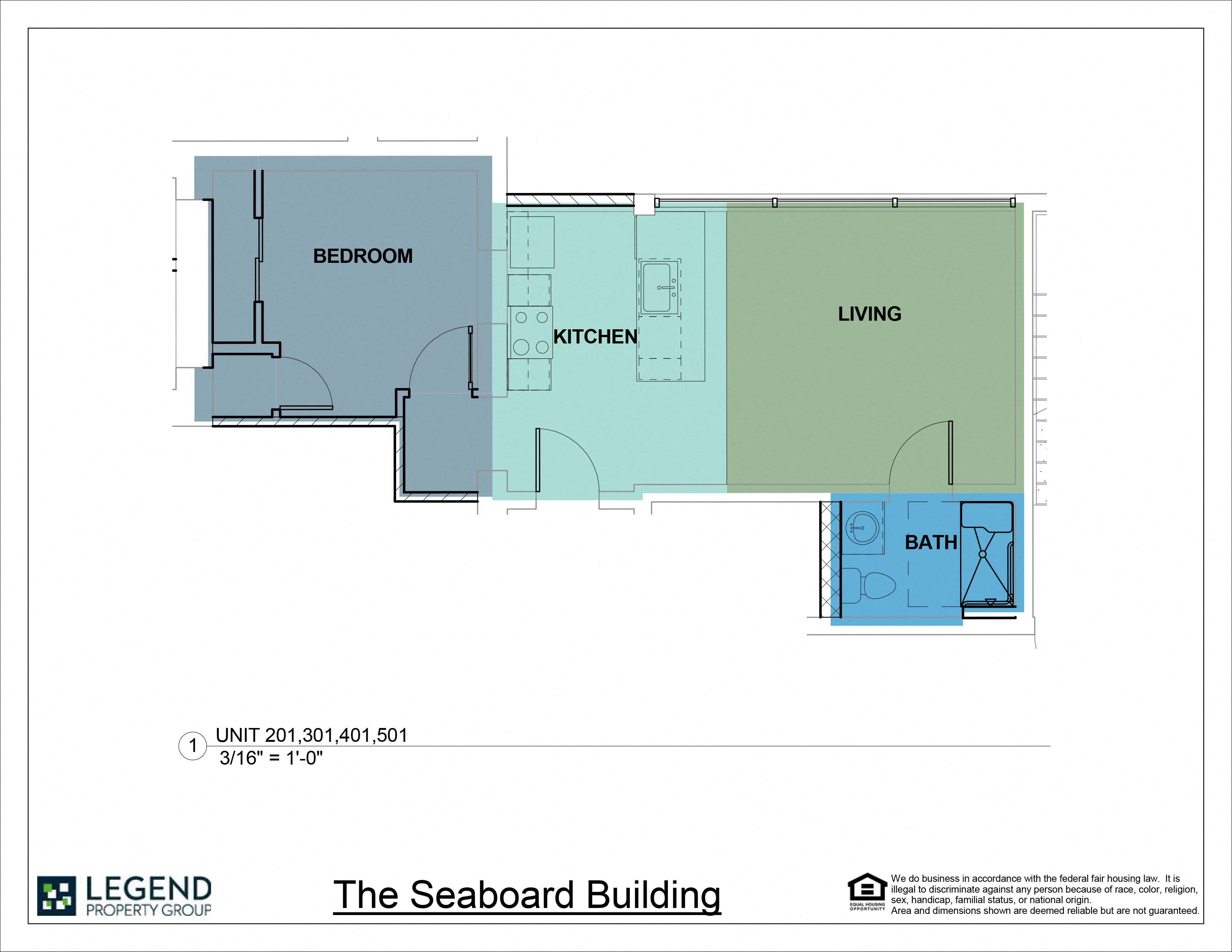 Floor plan for 1 bed, 1 bath, 649 sqft